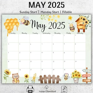 EDITABLE May 2025 Calendar, Kids Calendar School, Homeschool Planner, Cute Bees, Beautiful Sunflowers, Printable Calendar, Fillable Planner