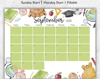 September 2025 Printable Calendar PDF, School Theme Fillable Monthly Planner, Sunday or Monday Start, Instant Download, Editable Template