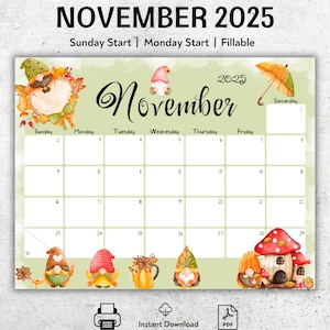 EDITABLE November 2025 Calendar, Fall Colors, Cute Gnomes, Printable Planner, Fillable, Monthly Schedule for Kids, Homeschool Calendar, PDF