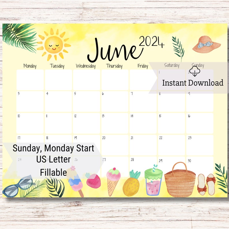 EDITABLE June 2024 Calendar, Beautiful Summer, Delicious Ice Creams
