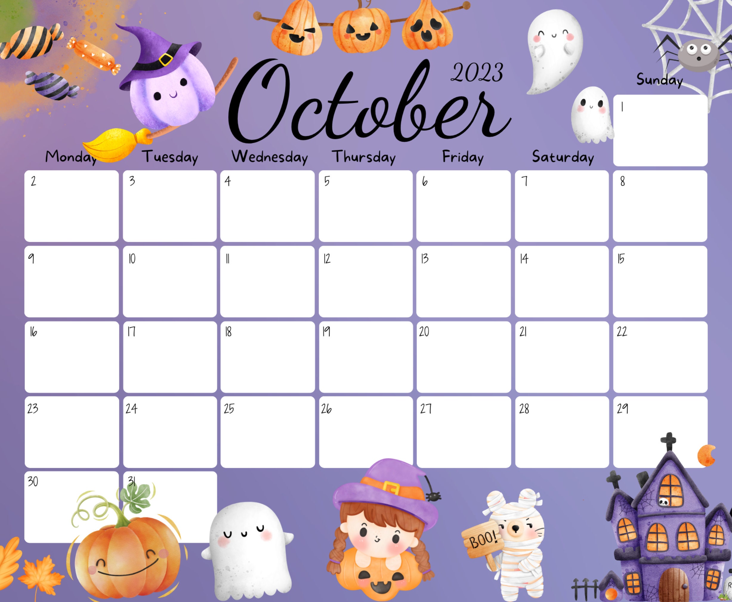 EDITABLE October 2023 Calendar, Happy Halloween, Pretty Ghost, Cute