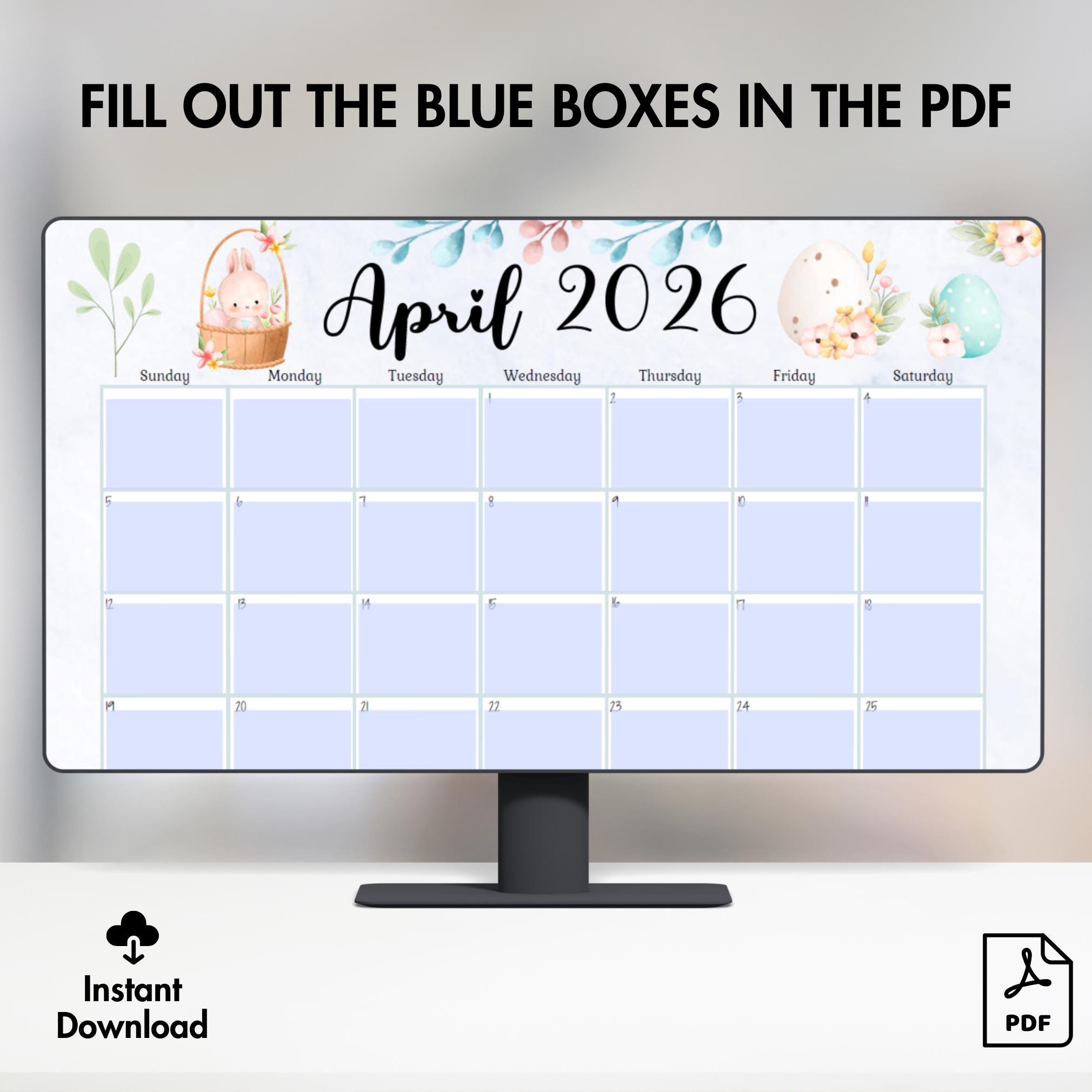 EDITABLE April 2026 Calendar, Happy Easter Day, Cute Bunnies, Printable ...