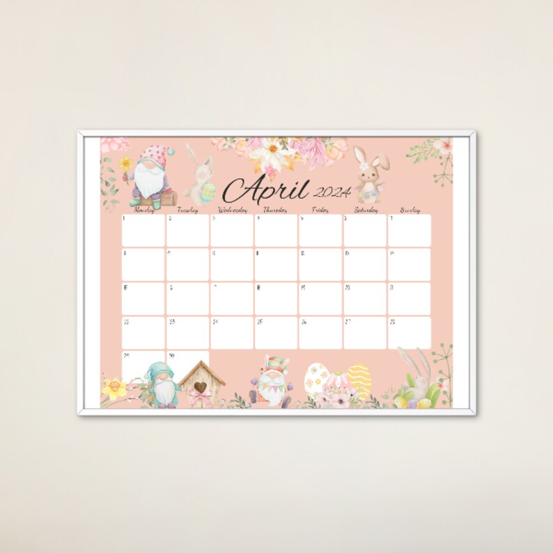 EDITABLE April 2024 Calendar, Happy Easter Day, Cute Gnomes & Bunny