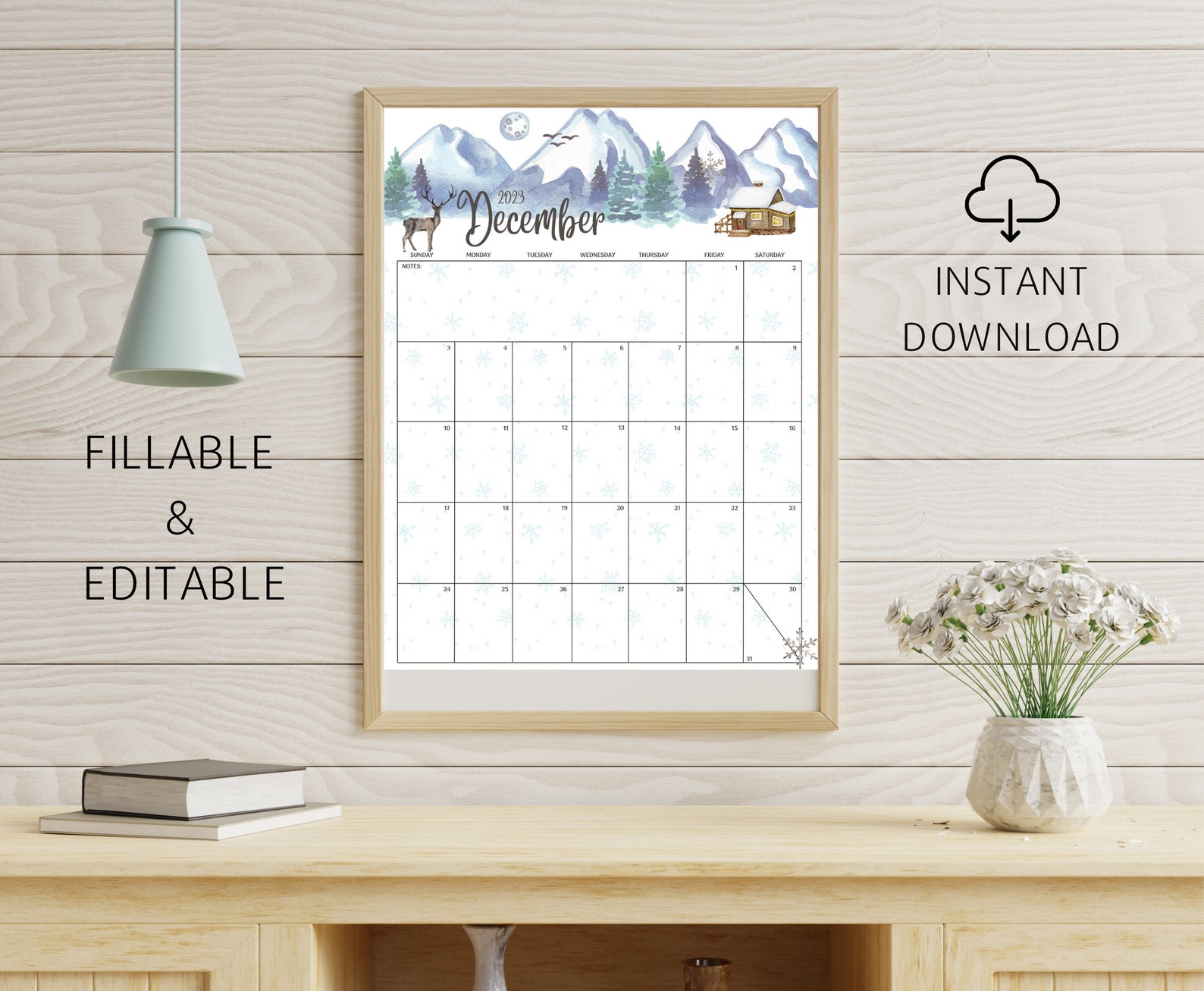 EDITABLE December 2023 Calendar, Beautiful Winter, Snowy Mountains