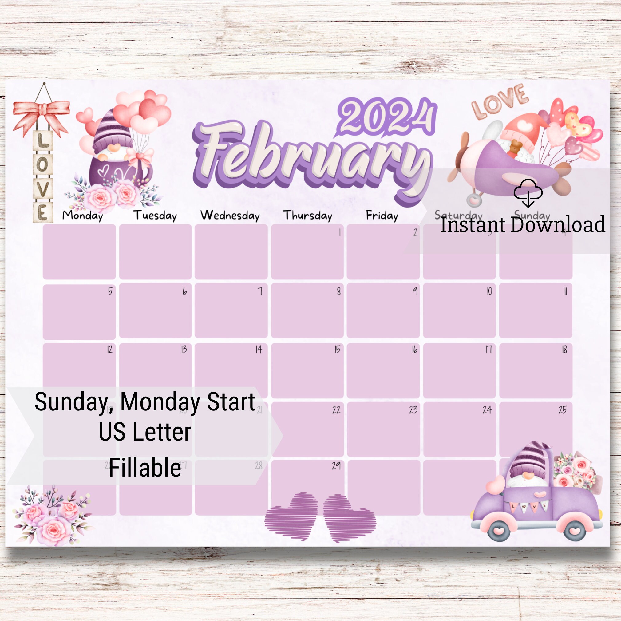 EDITABLE February 2024 Calendar, Valentine's Day, Homeschool, Loving