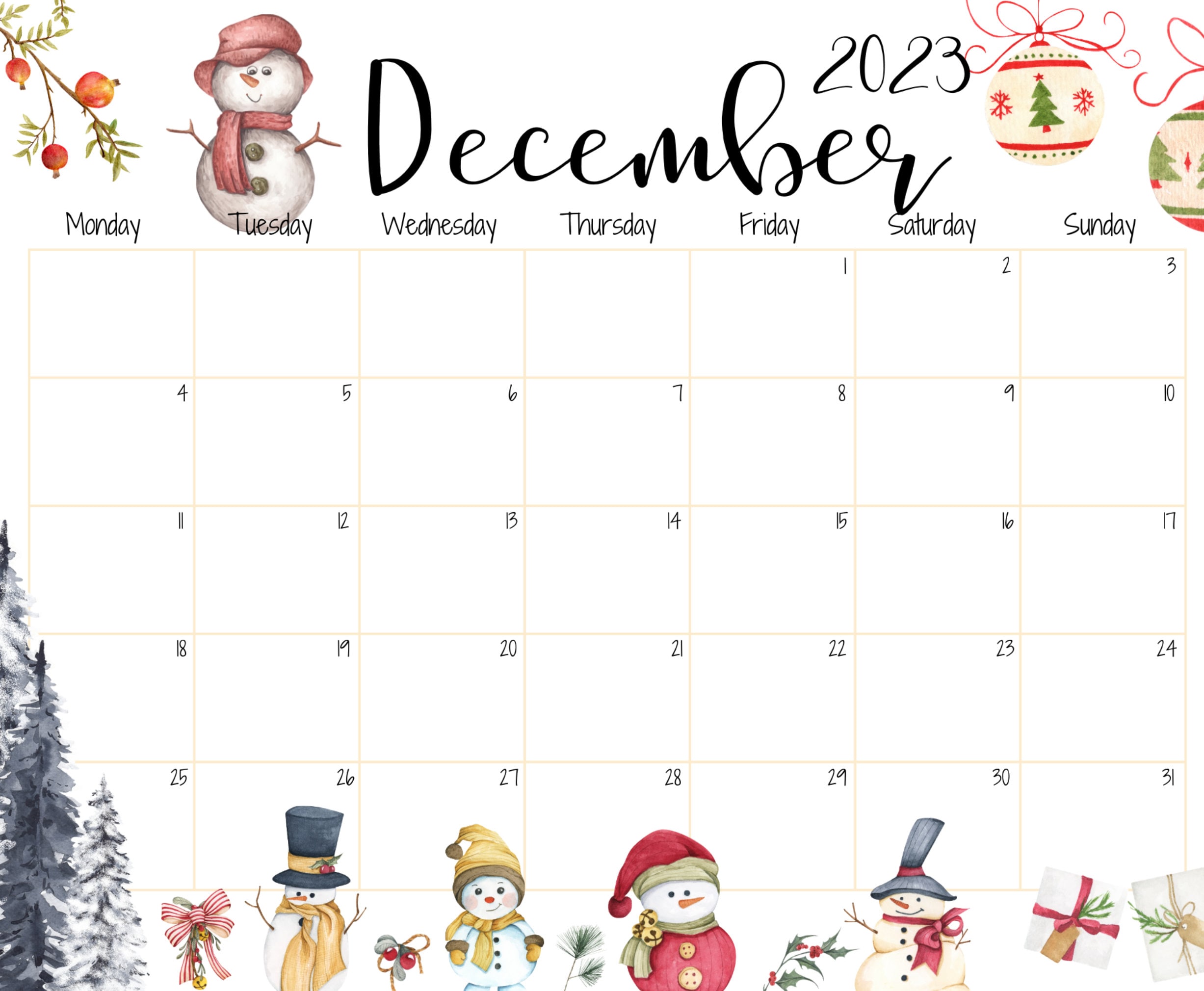 EDITABLE December 2023 Calendar, Beautiful Winter, Cute Snowman 