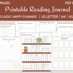 Könnte beinhalten: Druckbarer Lesetagebuch mit über 50 Seiten. Das Tagebuch enthält Abschnitte für Genre-Tracker, Aktuelles Lesen, Bücherregal, Serien-Rezension, Lieblingszitate, Lesechallenge und Bibliothek. Das Tagebuch ist im klassischen Happy-Planner-Stil gestaltet und in den Formaten US Letter, A4 und A5 erhältlich.