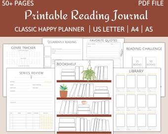 Puede incluir: Diario de lectura imprimible con más de 50 páginas. El diario incluye secciones para el seguimiento de géneros, lectura actual, estantería, revisión de series, citas favoritas, desafío de lectura y biblioteca. El diario está diseñado en un estilo clásico de planificador feliz y está disponible en tamaños US Letter, A4 y A5.