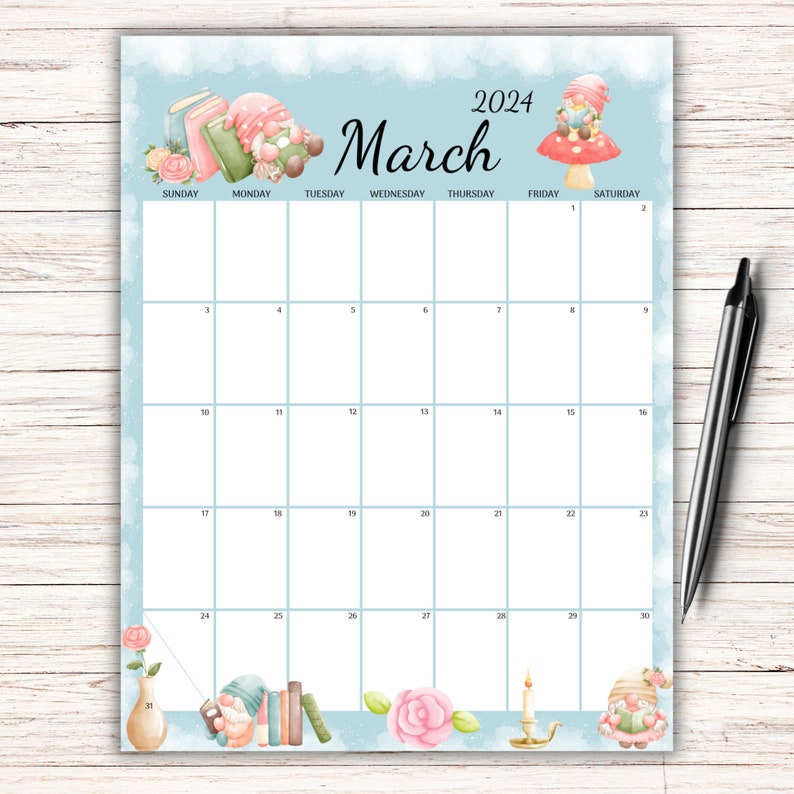 EDITABLE March 2024 Calendar, Fillable Calendar, Cute Gnomes, Happy St