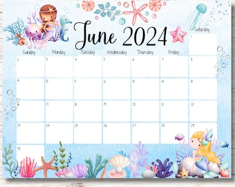 EDITABLE June 2024 Calendar, Wonderful Summer with Cute Sea Creatures, Printable  Planner, Fillable June Calendar, Kids School Work Schedule