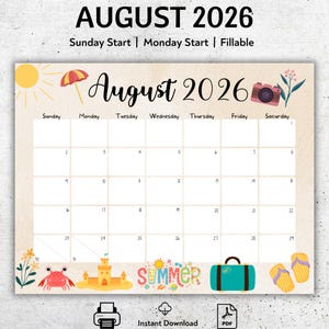 Calendario modificabile di agosto 2026, pianificatore di vacanze stampabile, estate meravigliosa, programma mensile di agosto, calendario di agosto compilabile, agosto 2026