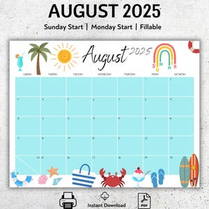 EDITABLE August 2025 Calendar, Printable Vacation Planner, Calendar for Fridge, August Monthly Calendar, Beautiful Colorful Summer