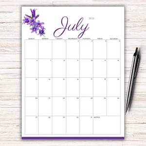 Printable July 2025 Calendar, Editable July 2025 Planner, Fillable Calendar, Beautiful Purple Flowers, Monthly Schedule, Instant Download