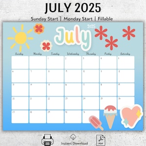 EDITABLE July 2025 Calendar, Colorful Happy Summer, Ice Creams and Sun, Printable Planner, Fillable Calendar, Instant Download, PDF