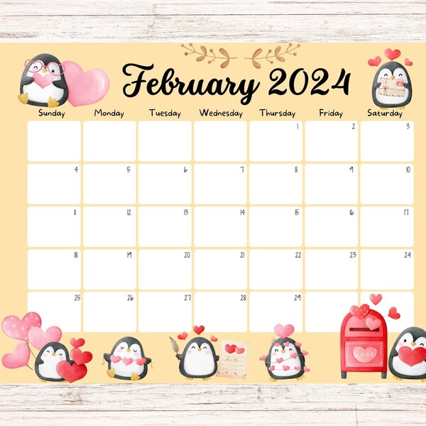 EDITABLE February 2024 Calendar, Valentine's Day, Homeschool, Loving Penguins, Printable Calendar, Fillable Planner, Monthly Schedule, PDF