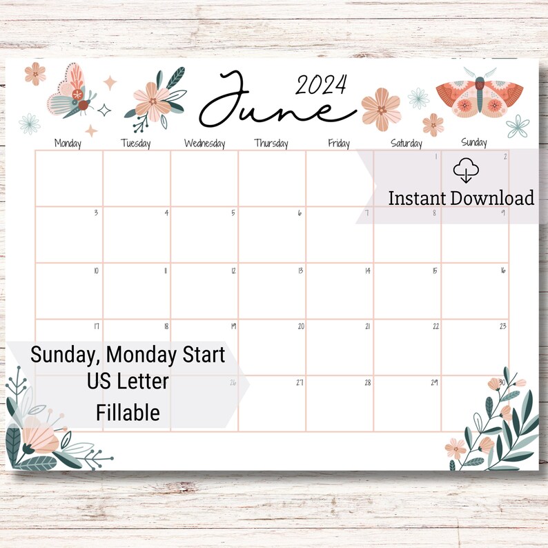 EDITABLE June 2024 Calendar, Boho Style, Beautiful Flowers and