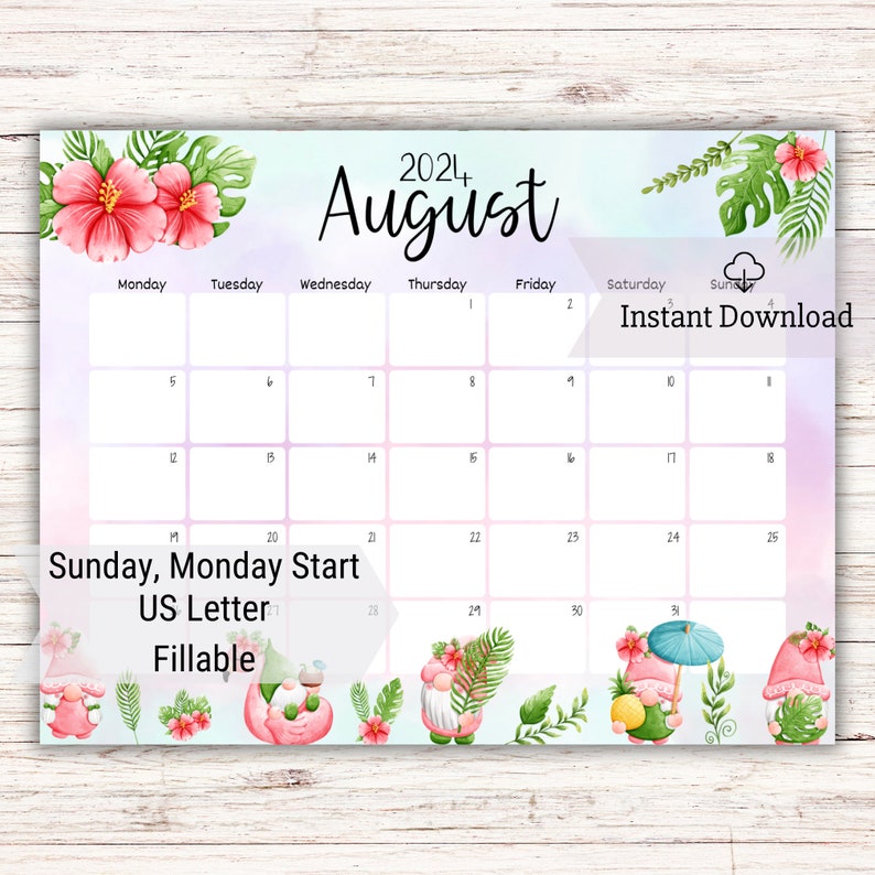 EDITABLE August 2024 Calendar, Printable Homeschool Planner, Wonderful Summer Organizer, Vacation Planner, Cute Gnomes, Beautiful Flowers