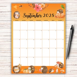 EDITABLE September 2025 Calendar, Kids Weekly Schedule, Homeschool Calendar, Beautiful Pumpkin, Cute Hedgehogs, Printable Fillable Planner