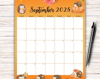 EDITABLE September 2025 Calendar, Kids Weekly Schedule, Homeschool Calendar, Beautiful Pumpkin, Cute Hedgehogs, Printable Fillable Planner