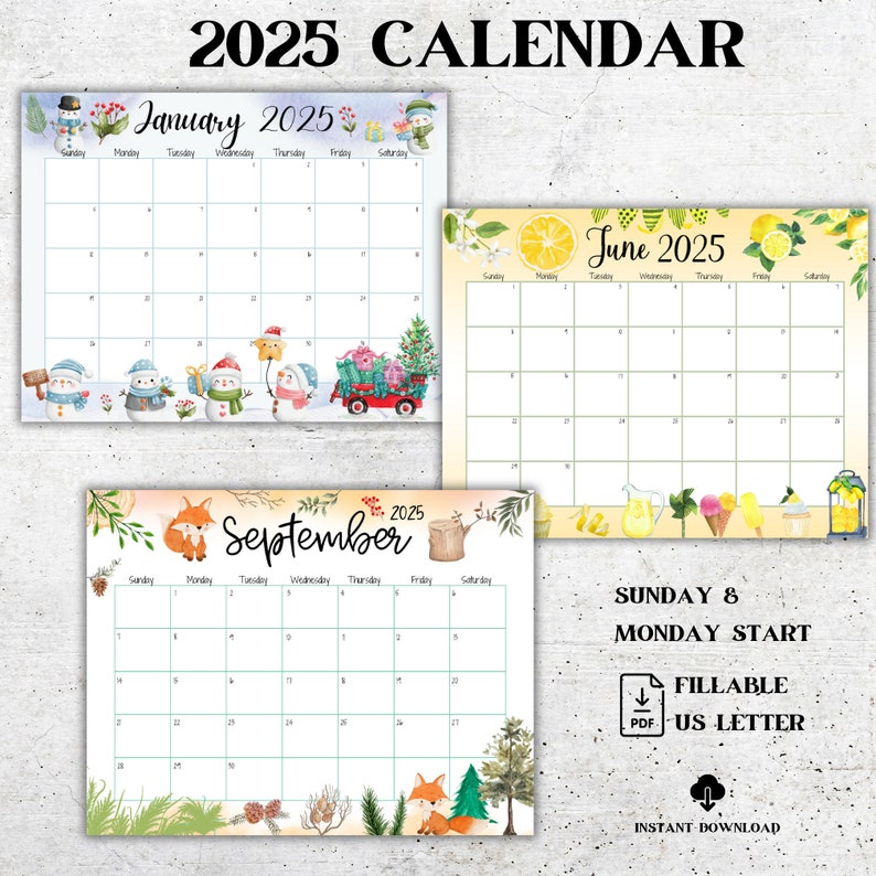 2025 Monthly Calendar, Printable Calendar, Editable Calendar, 2025 Wall
