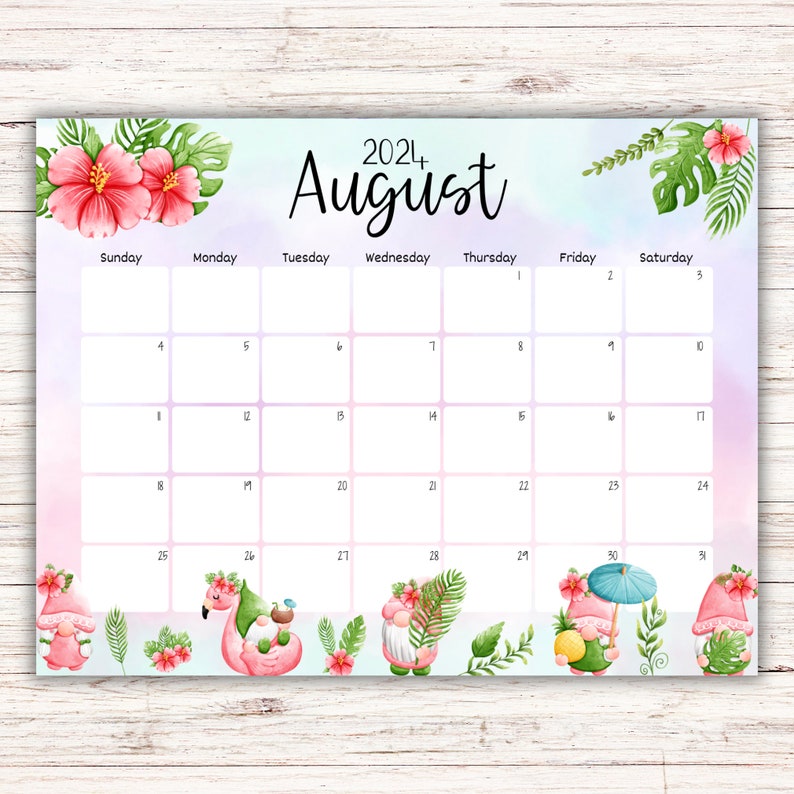 EDITABLE August 2024 Calendar, Printable Homeschool Planner, Wonderful Summer Organizer, Vacation Planner, Cute Gnomes, Beautiful Flowers