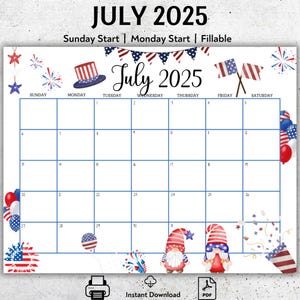 EDITABLE July 2025 Calendar, Monthly Planner, Printable Homeschool Planner, 4th July Independence Day with Cute Gnomes, Fillable Calendar