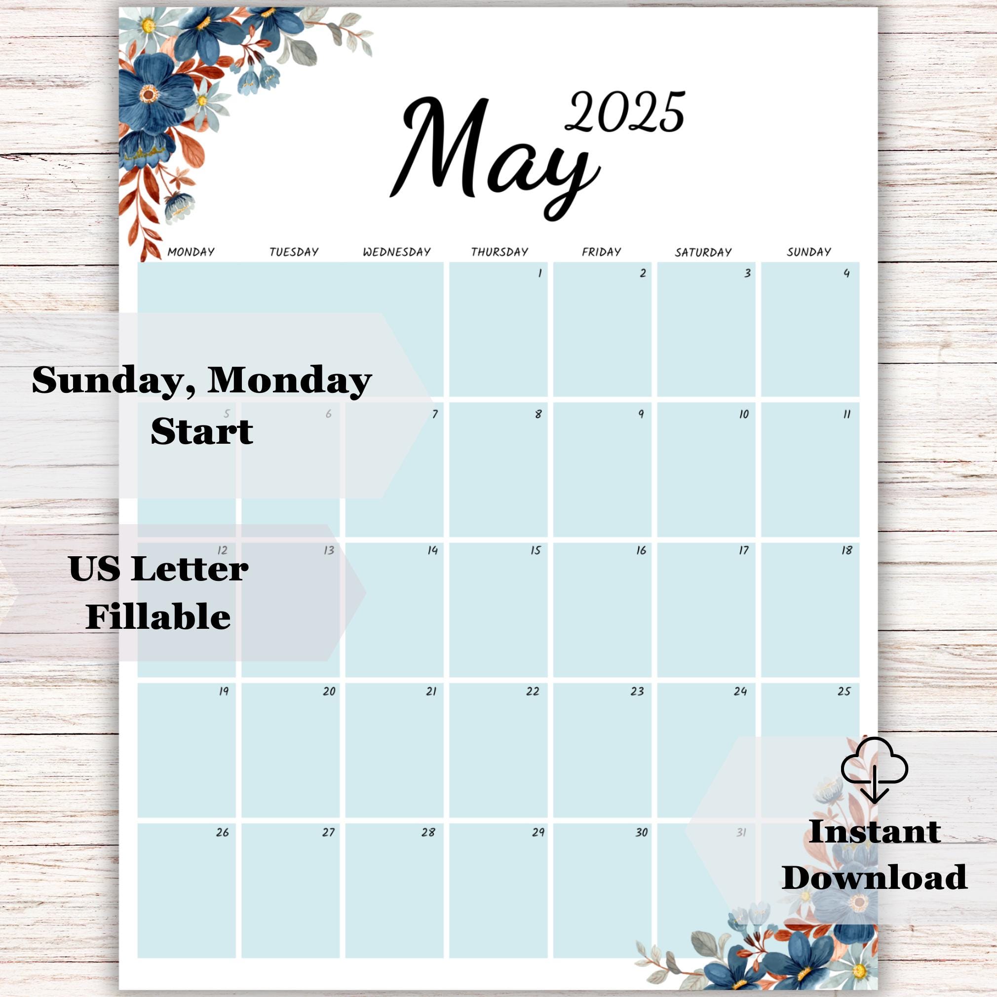 Editable 2025 May Planner, Printable May Calendar, Digital May Calendar