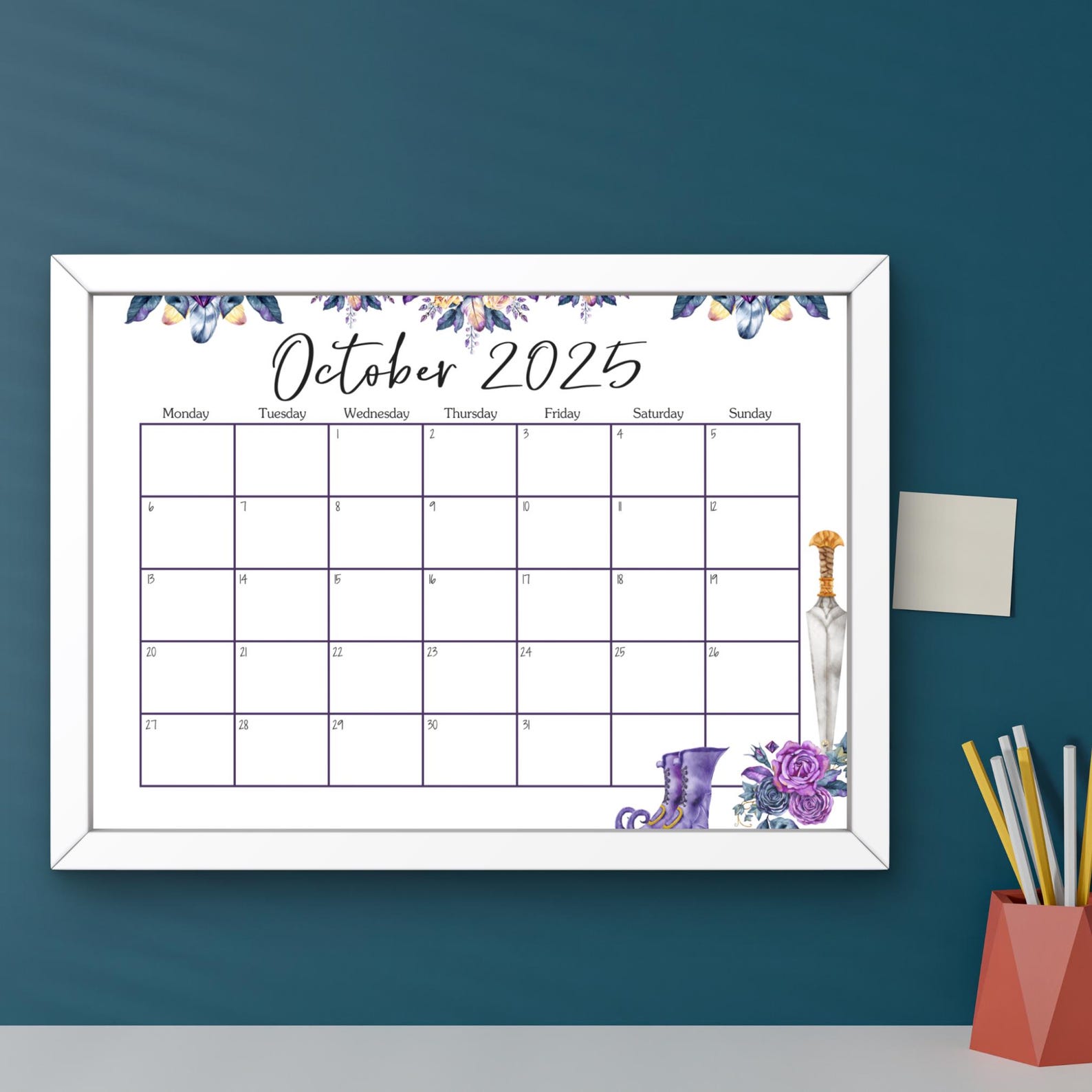 EDITABLE October 2025 Calendar, Halloween Planner, Colorful Flowers