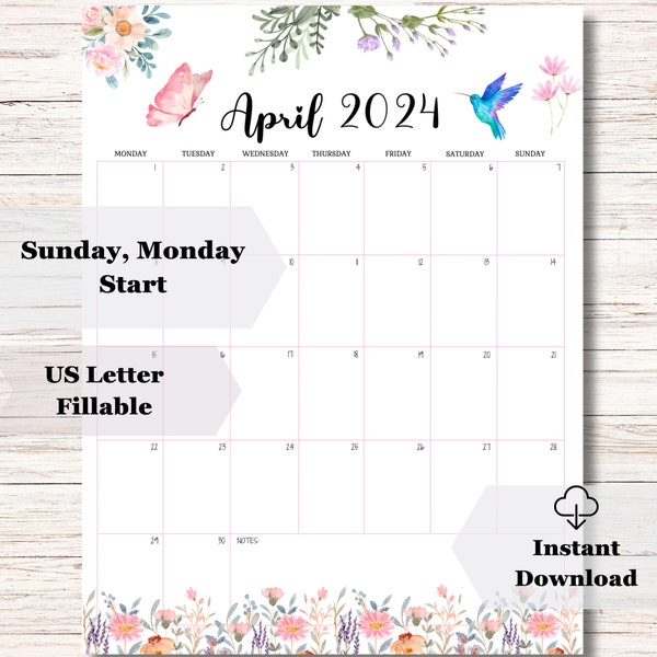 EDITABLE April 2024 Calendar, Printable 2024 April Planner, Fillable Calendar, Homeschool Planner, Academic Planner, Beautiful Flowers