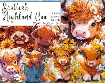 Scottish Highland Cow Clipart Bundle | 12 Watercolor Cow PNG SVG EPS | Commercial Use | Digital Download | Cow Sublimation Designs
