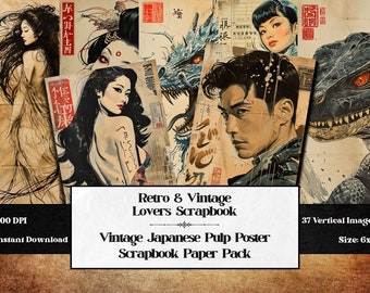 Vintage Japanese Pulp Art Scrapbook Paper | Junk Journal Half Papers | 37 Retro Printable Decorative Pages | Digital Download