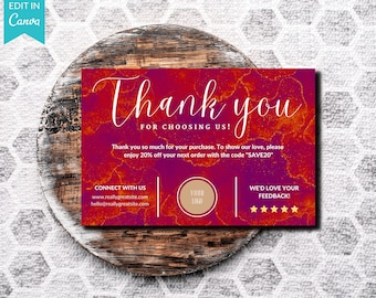 Editable Red Marble Printable Business Thank You Card Template | Thank You For Purchase Card | Editable Canva | Customer Package Insert