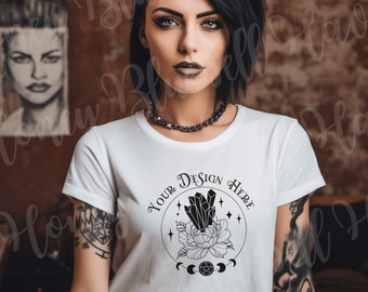 Bella Canvas 3001 Mockup: Gothic Alt Woman, White T-Shirt (Digital Download)
