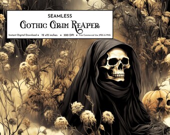 Halloween Grim Reaper Digital Paper | Halloween Fabric Skull Pattern | Gothic Scrapbook Paper | Digital Seamless Pattern Instant Download