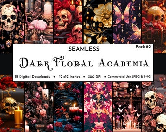 Gothic Skulls Floral Digital Paper Pack: Dark Academia Seamless Patterns (Digital Download)
