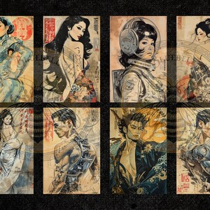 Puede incluir: Ocho grabados art&iacute;sticos con retratos estilizados en diversos entornos. Los grabados tienen una est&eacute;tica vintage con una mezcla de temas japoneses y futuristas. La paleta de colores incluye beige, azul y rojo.