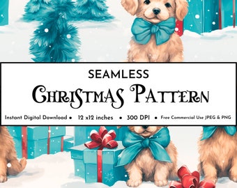 Christmas Puppy Dog Seamless Pattern | Winter Digital Paper | Holiday Seamless Christmas Pattern | Whimsical Printable Scrapbook Paper