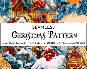 Gingerbread House Seamless Watercolor Christmas Digital Paper | Holiday Printable Christmas Textures | Whimsical Printable Scrapbook Paper