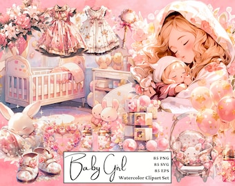 Kawaii Watercolor Baby Girl Clipart | 85 Newborn Baby Clipart | Nursery Baby Decor | It's A Girl Clipart |  Boho Pink Baby Room SVG PNG EPS