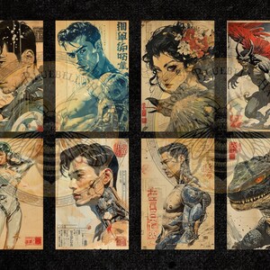 Puede incluir: Ocho impresiones art&iacute;sticas con ilustraciones estilizadas de est&eacute;tica vintage. Las impresiones muestran figuras con elementos humanos y rob&oacute;ticos, un demonio y una criatura reptiliana. La paleta de colores incluye tonos azules, marrones y rojos.