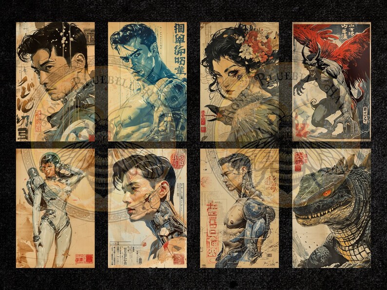 Puede incluir: Ocho impresiones art&iacute;sticas con ilustraciones estilizadas de est&eacute;tica vintage. Las impresiones muestran figuras con elementos humanos y rob&oacute;ticos, un demonio y una criatura reptiliana. La paleta de colores incluye tonos azules, marrones y rojos.