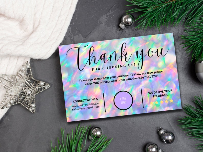 Editable Holographic Printable Business Thank You Card Template Thank