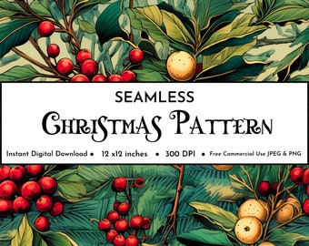Holly Mistletoe Seamless Pattern | Winter Digital Paper | Holiday Seamless Christmas Pattern | Whimsical Printable Scrapbook Paper