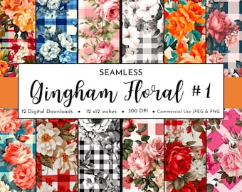 Seamless Gingham Floral Digital Paper Pack #1 | Diagonal Gingham | Buffalo Plaid Rose Pattern | Check Picnic Design | Scrapbook | Planner