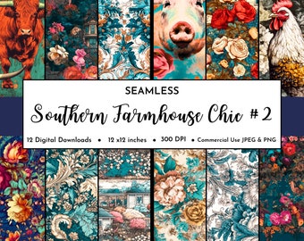 Southern Country Farmhouse Chic Digital Paper Pack #2 | Seamless Floral Pattern | Cow Digital Design | Farmer Clipart | Scrapbook | Planner