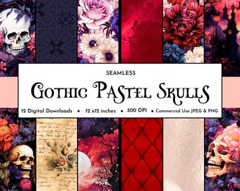 Gothic Skulls Halloween Floral Pastel Digital Paper Pack | Halloween Seamless Pattern | Dark Academia Design | Junk Journal | Scrapbook