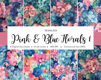 Pink & Blue Floral Watercolor Digital Paper Pack | Seamless Pattern | Flower Pattern Clipart | Greenery Digital Paper | Free Commercial Use