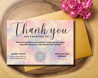 Editable Pink Printable Business Thank You Card Template | Thank You For Your Purchase Card | Editable Canva | Customer Package Order Insert