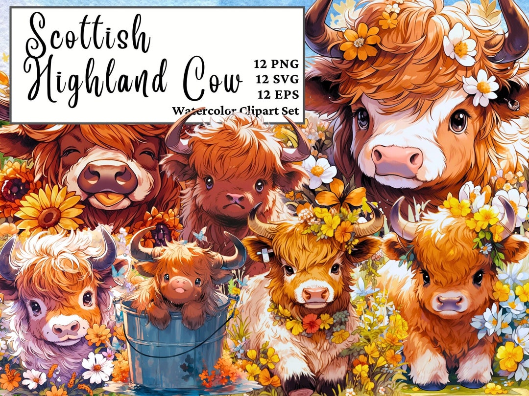Highland Cow Clipart Bundle | 12 Watercolor Cow PNG SVG EPS | Digital ...