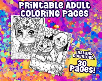 Kawaii Cats Coloring Pages | 30 Pages | Printable Adult Coloring Pages | Cute Cartoon Coloring | PDF Coloring Books Instant Digital Download